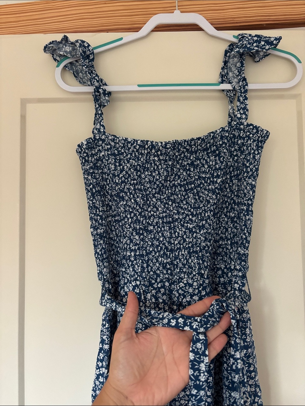 Baltic Born Navy Blue Floral Smocked Jumpsuit with Tie Straps - Picture 3 of 6